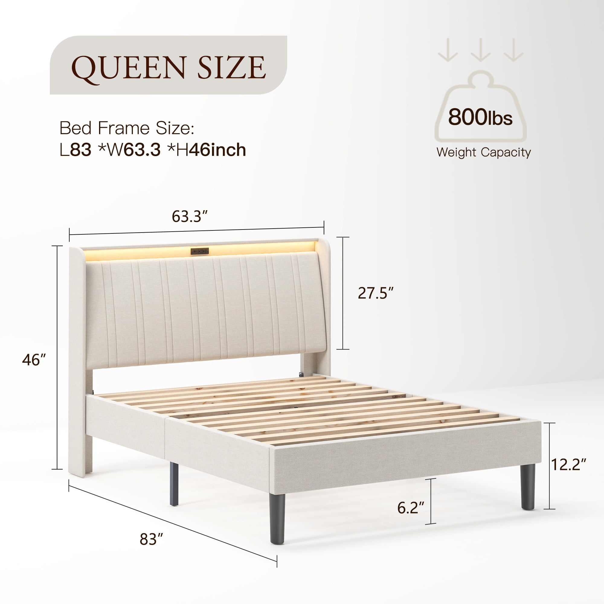 Queen Size Upholstered Bed Frame with LED Lights, Platform Bed Frame with Fabric Upholstered Headboard, Beige
