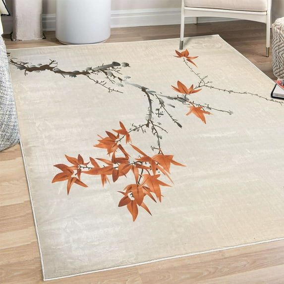 Japanese Decorative Rug, Cherry Blossom Sakura Tree Branches Romantic Spring Themed Watercolor Picture, Quality Carpet for Bedroom Dorm and Living Room, 6 Sizes, Dark Orange, by Ambesonne