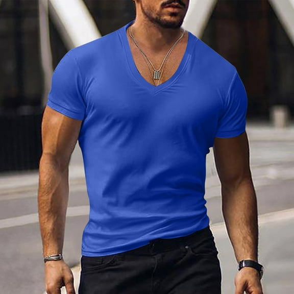 Wavsuf Mens T-Shirts V Neck Summer Short Sleeve Slim Crew Neck Blue T-shirt Size 2XL
