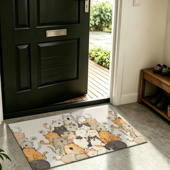 Front Door Mat Indoor Outdoor Watercolor Stacked Cartoon Cats Non-Slip Doormat Low Profile Patio Porch Entryway Rug 16x24in Kitties on Linen Texture