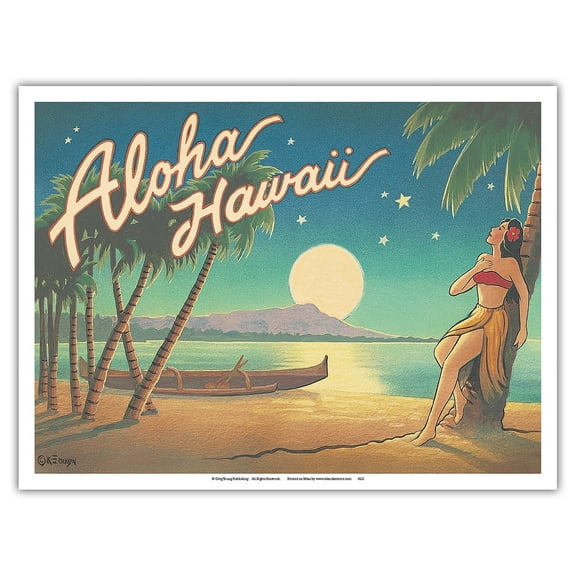 Aloha Hawaii - Full Moon over Diamond Head - Vintage Hawaiian Travel Poster by Kerne Erickson - Master Art Print (Unframed) 9in x 12in
