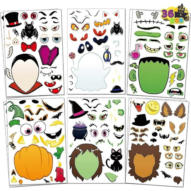 36 PCS Make-a-face Sticker Sheets Make Your Own Halloween Characters Mix and Match Sticker Sheets with Vampire, Witch, Frankenstein, Ghost and More Ha