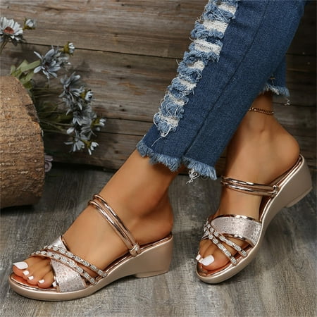 Women Shoes Fashion Summer Solid Color Rhinestone On Wedge Roman Sandals Rose Gold 8