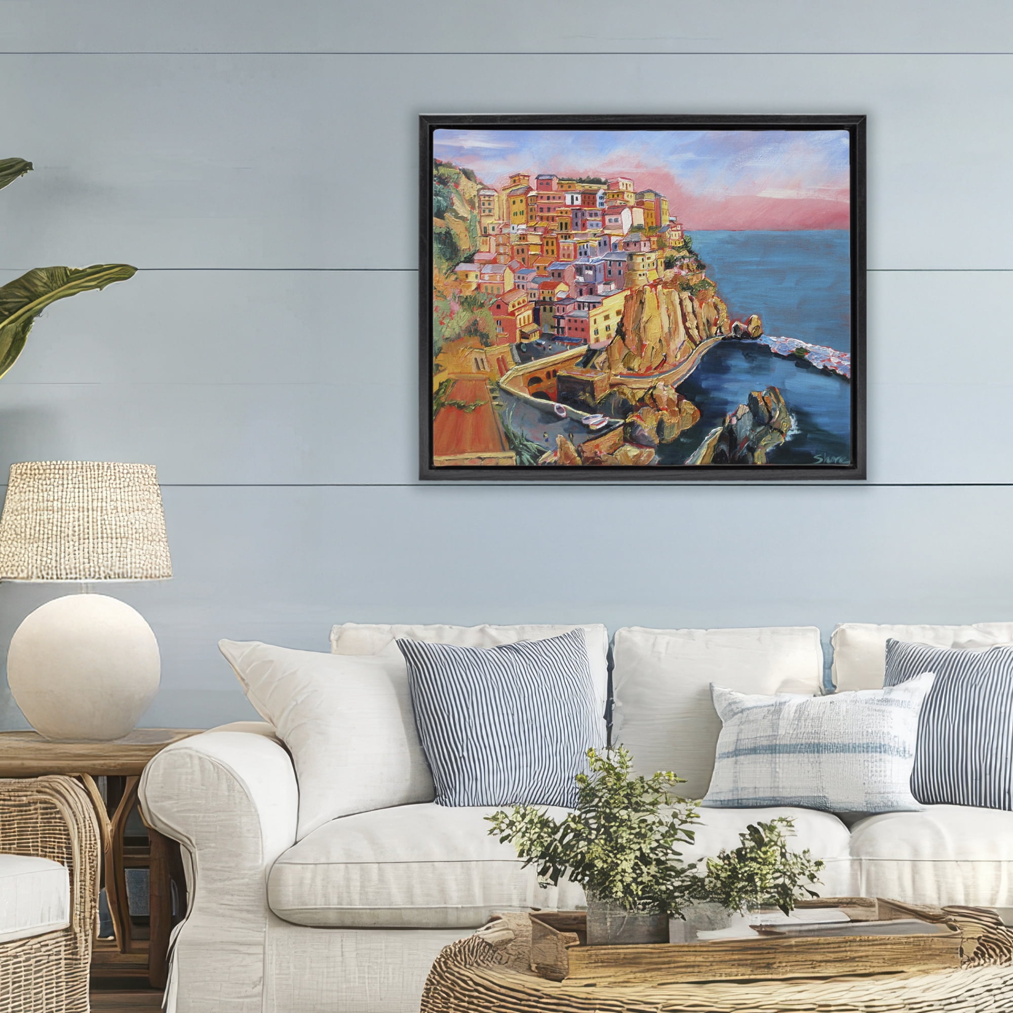Stupell Industries Cinque Terre Seascape Architecture Black Framed Floater Canvas Wall Art, design by Maxine Shore