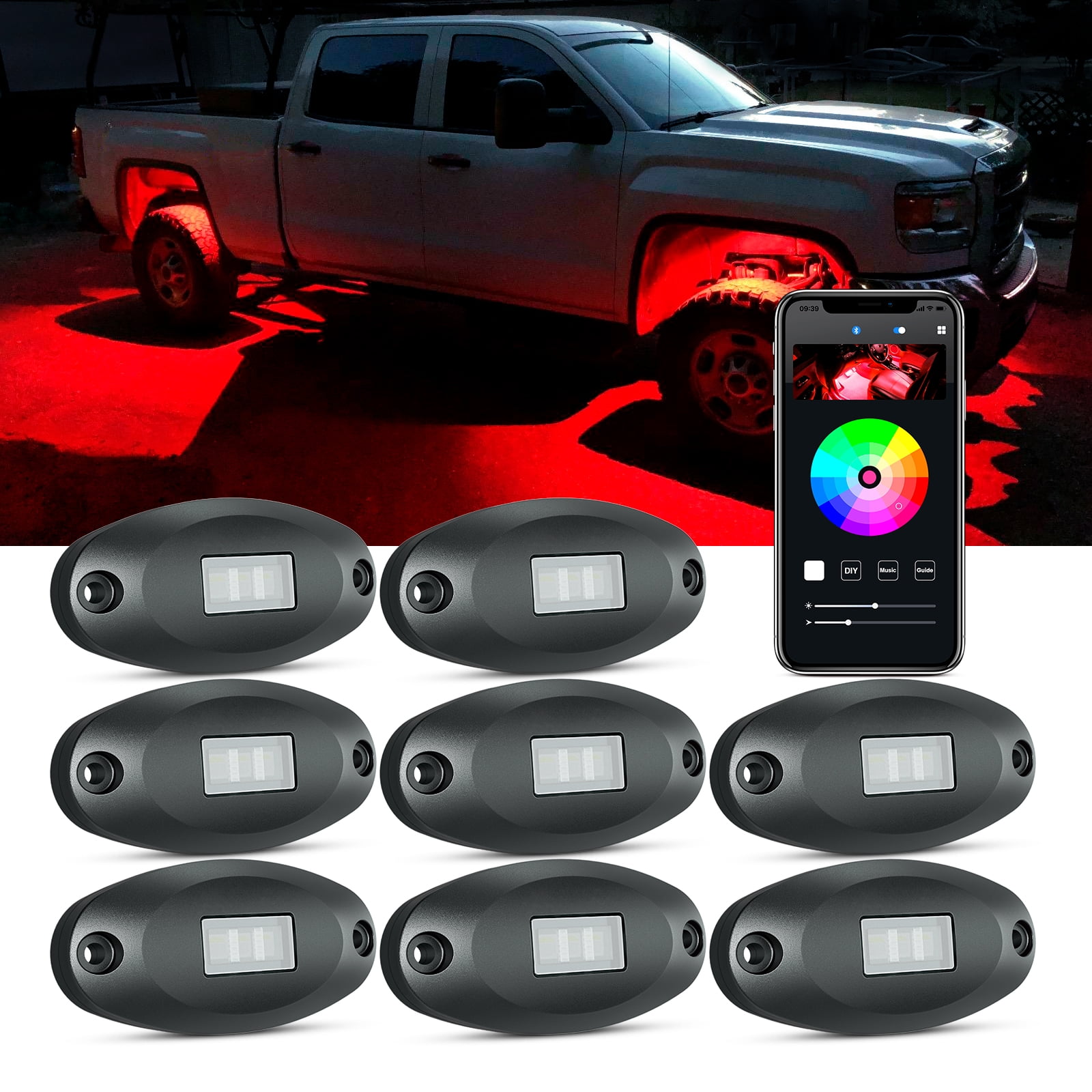 Timing Function 8 Pods Multicolor Neon LED Light Kit with Upgraded APP Bluetooth Controller MICTUNING RGB LED Rock Light Kits Music Mode for Off Road Truck SUV ATV 