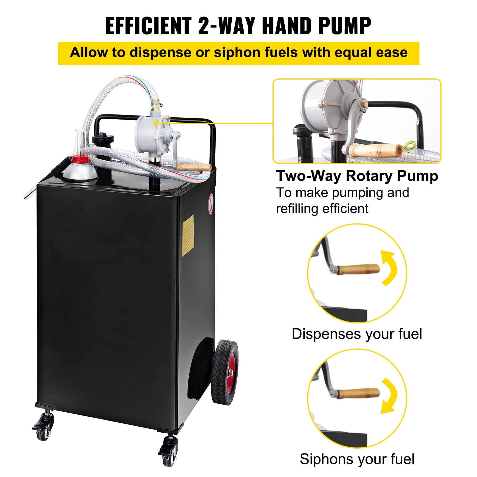 KFFKFF 30 Gallon Fuel Storage, Mobile Gas Tank & Quad Wheels, Equipped with Manual Transfer Pump, Petrol Diesel Fuel Holder for Vehicles, Lawn Equipment, ATVs, Marine Vessels, and More, in Black