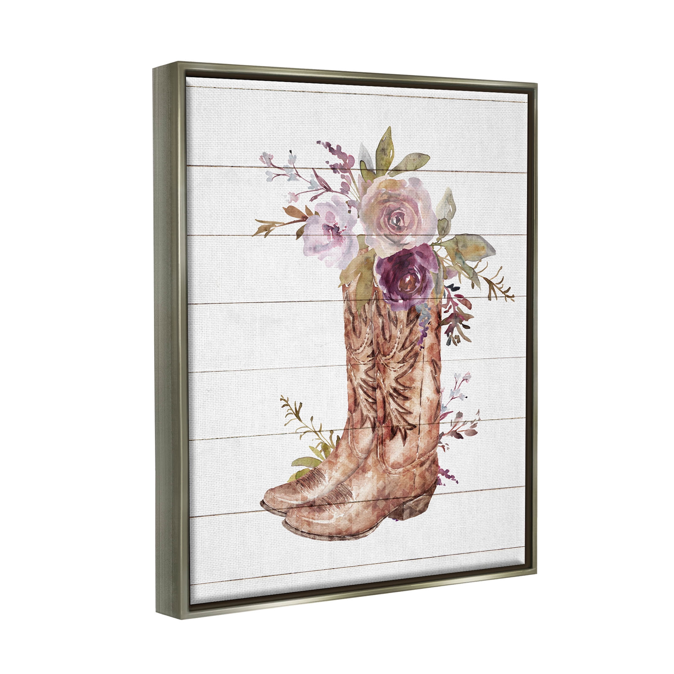 Stupell Industries Country Cowboy Boots Flower Bouquet Graphic Art Luster Gray Floating Framed Canvas Print Wall Art, Design by Nina Blue