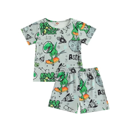 

Calsunbaby 2Pcs Baby Boys Outfits Set Toddlers Summer Cartoon Dinosaur Letter Short Sleeve Tops Shorts Clothes Grey 2-3 Years