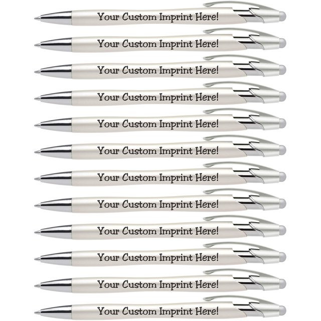 Custom Pens with Stylus - The Pearl - Personalized Metallic Printed Name Pens with Black Ink - Imprinted with Logo or Message - Great Gift Ideas - FREE PERSONALIZATION 12 pack (Silver)