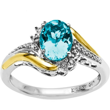 Duet Sterling Silver with 10kt Yellow Gold Oval Simulated Blue Topaz and Diamond Accent Ring