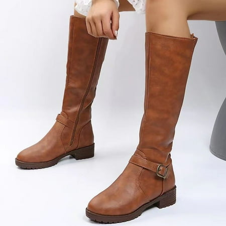 

YOTAMI Womens Shoes Winter Leather Belt Buckle High Tube Flat Head Solid Color Back Zipper Warm Boots Shoes Dating Brown 9