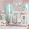 The Peanut Shell 4 Piece Baby Girl Crib Bedding Set - Coral Pink Floral Medallions and Mint Green Polka Dots Patchwork - 100% Cotton Quilt, Dust Ruffle, Fitted Sheet, and Mobile