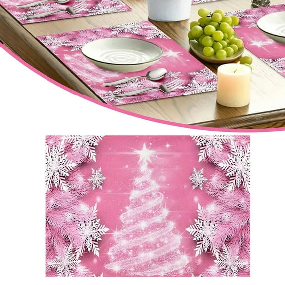 ZOURIH Xmas Trees Snowflakes Winter Placemats,12x18 inch Seasonal Pink Christmas Table Mats for Party Kitchen Dining Decoration,Pink