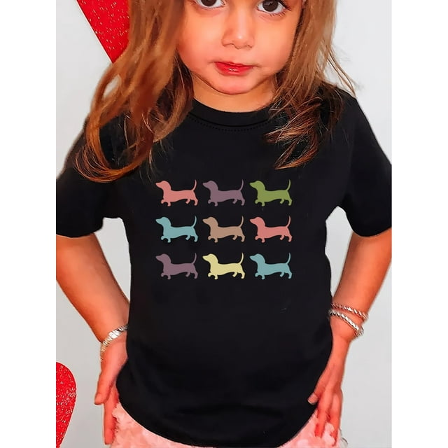 Camiseta de manga corta con estampado de cachorro multicolor para niñas, diseño de cuello redondo, ropa de verano informal y elegante para niños, adecuada para edades de 1 a 8 años.