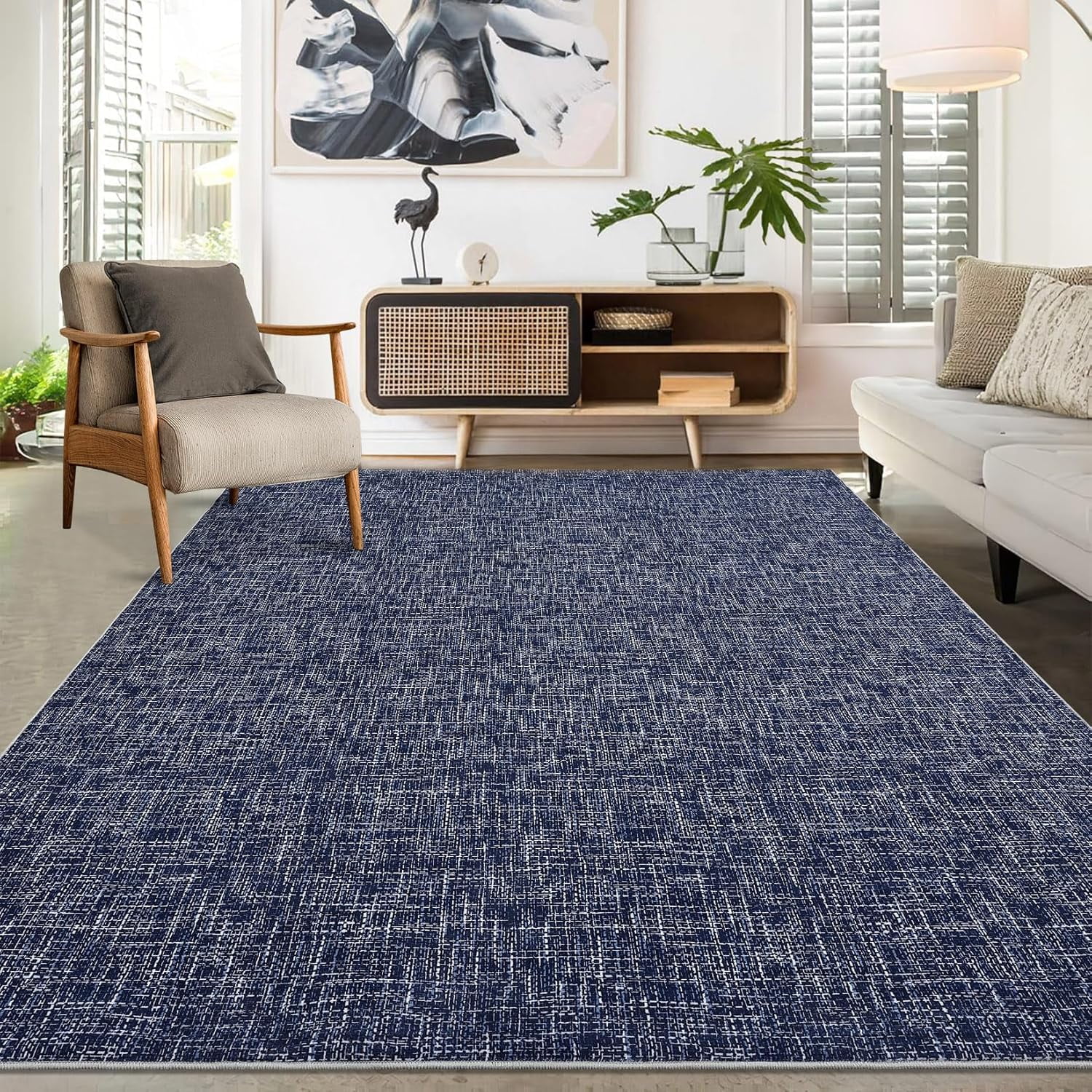 10x13 Washable Rug, Modern Abstract, Non-Slip, Large, Stain Resistant, Contemporary Rug, Aesthetic Accent, Floor Carpet, Foldable, Solid, Blue.