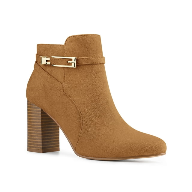 Unique Bargains Bottines à Talon Épais à Bout Rond avec Boucle pour Femme Brun US 6