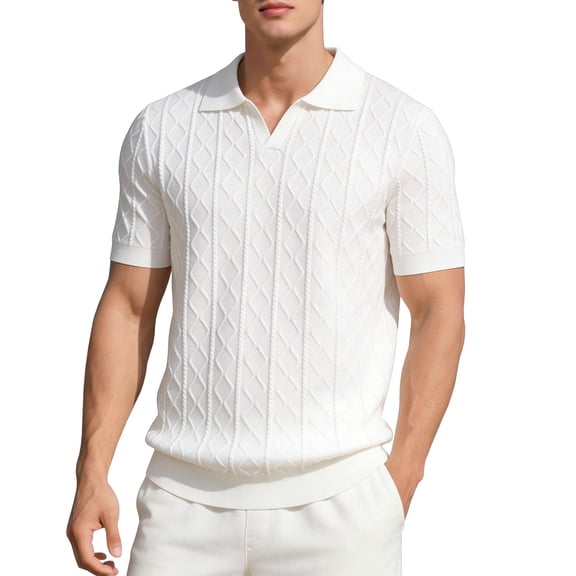 Men's Knit Cable Knit Textured Short Sleeve Collared Polo Shirt, Casual Slim Fit Top, Breathable Knitwear for Smart Casual Style and Everyday Wear White b L
