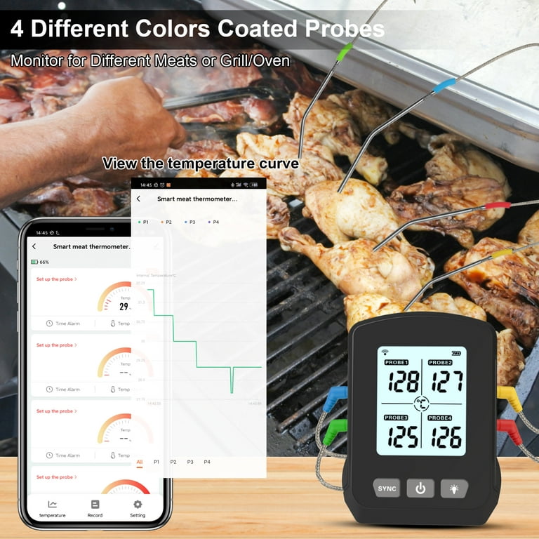 Wireless Meat Thermometer with 4 Probes, 328FT Bluetooth Meat Thermometer,  Cooking Thermometer, BBQ Grill Thermometer for Smoker, Oven, Kitchen 