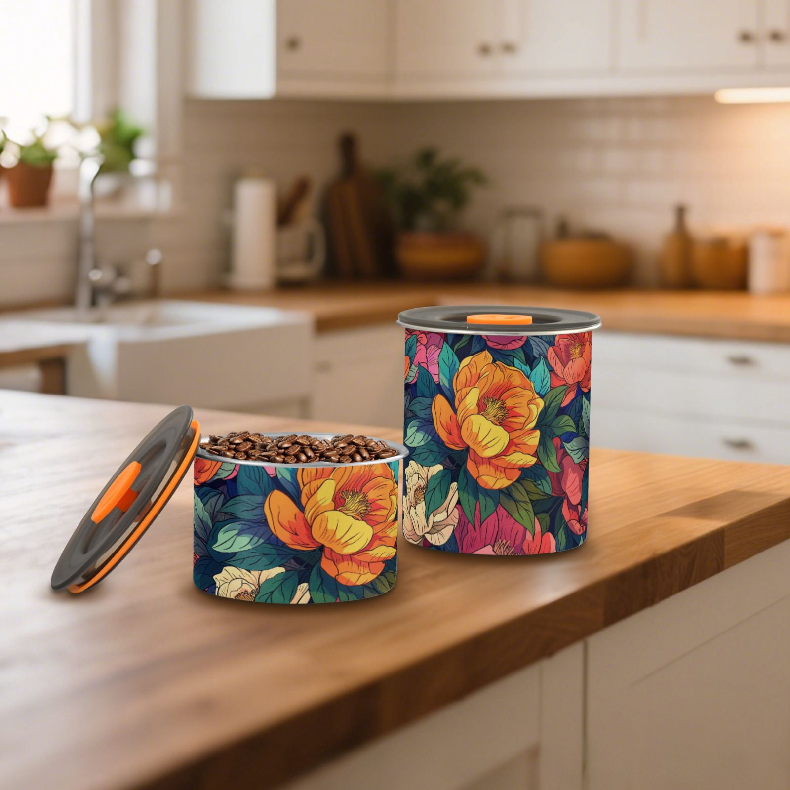 Colorful Peony Floral Airtight Coffee Bean Canister 30oz Food Storage Containers with Lids For Gournd, Tea, Sugar, Flour, Rice, Cereal, Candy Cookie Jar