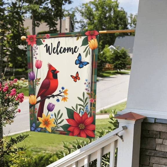 Spring Garden Flag 12 X 18 Inch Double Sided Welcome Summer Floral Yard Outdoor Flag Cardinal Red Bird Butterfly Flowers House Holiday Outside Decoration