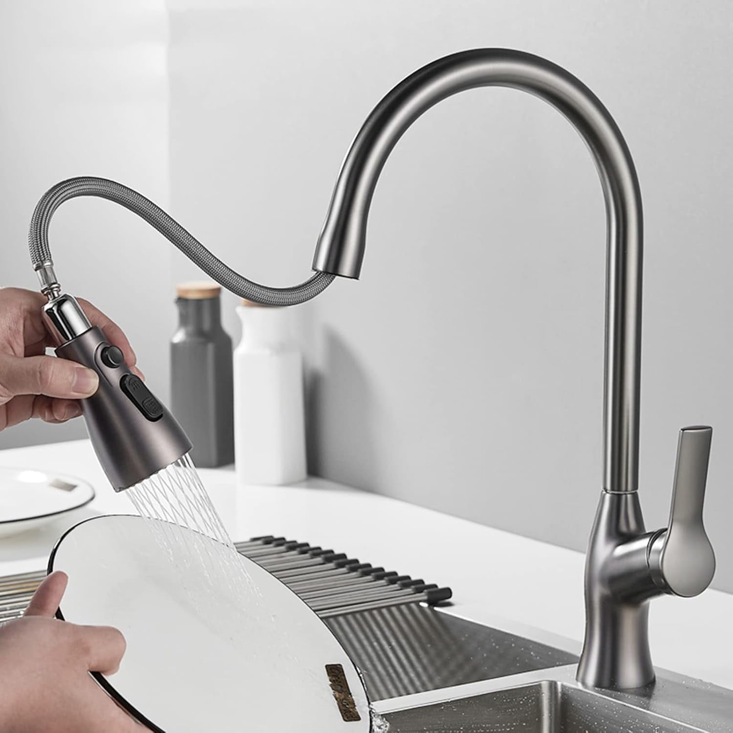 Kitchen Faucets with Pull Out Spray Gray Swivel Telescopic Brass Kitchen Sink Mixer Faucet