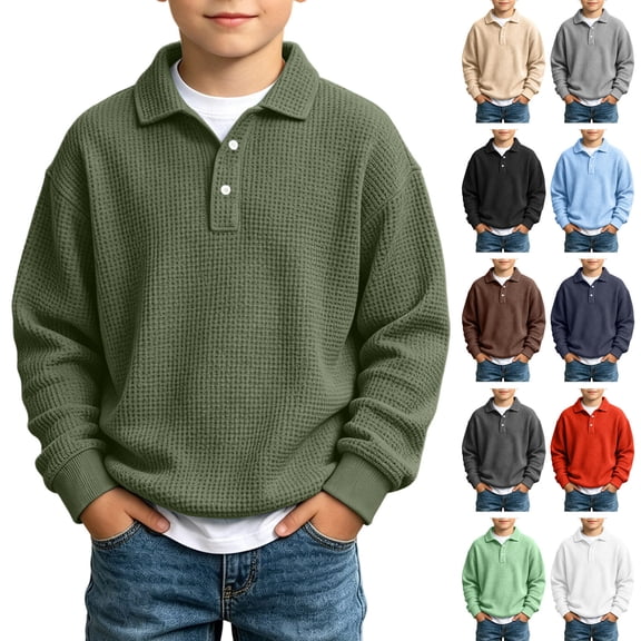 BXJX Boys Button Sweatshirts Size 8 T, Waffle Knit School Long Sleeve Lapel Collar Pullover Tops Army Green