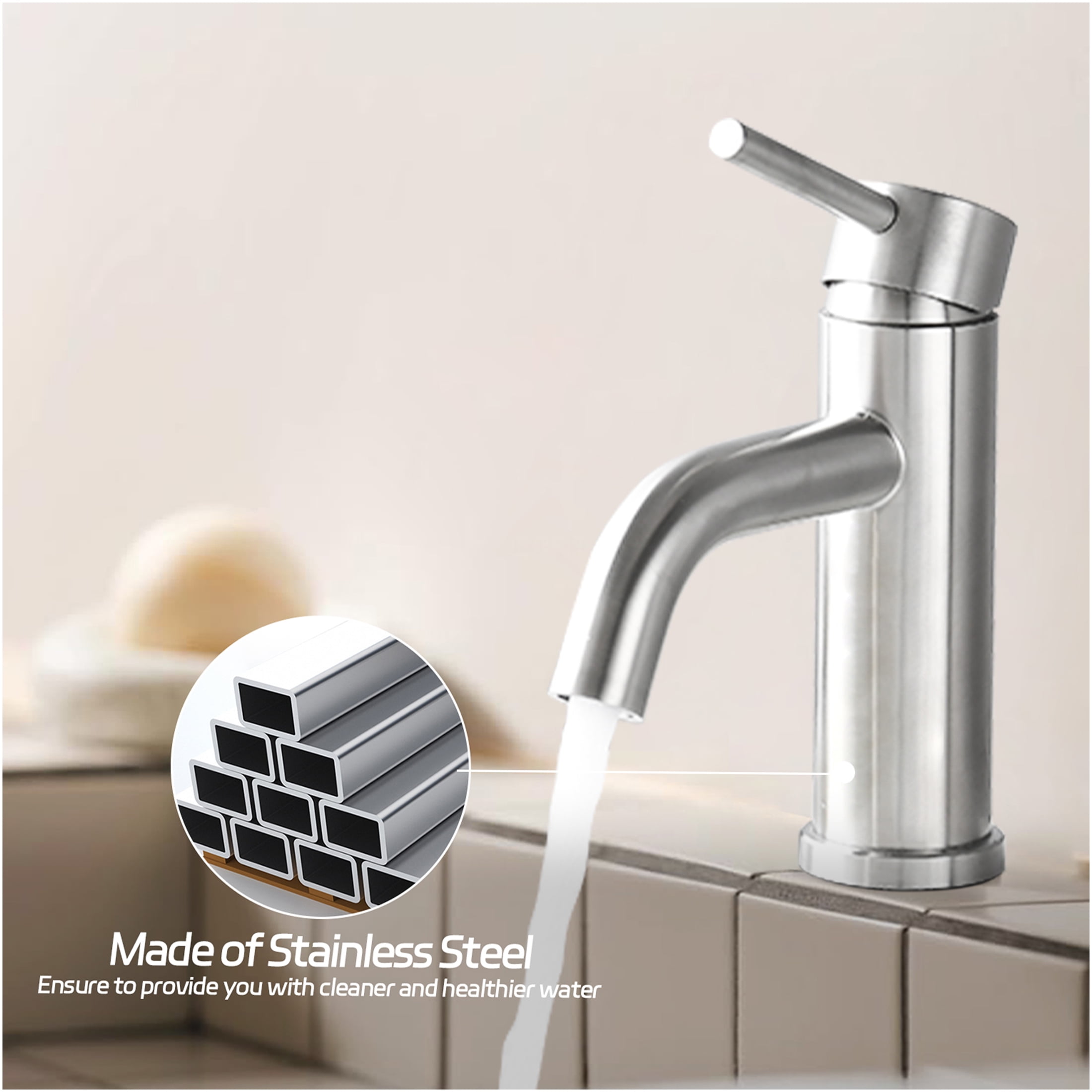 JERFIT Modern Single Hole Bathroom Sink Faucet in Brushed Nickel, Water-Saving 1.2 GPM, High Arc Spout with Aerator, Easy Install for Vanity