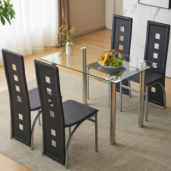 Ktaxon Modern 5 Piece Dining Table Set for 4, Glass Kitchen Table with 4 PU Padded Upholstered Chairs for Family Dinners, Breakfast, Black