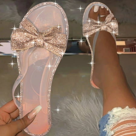 

Women s Clip Toe Sandals Fashion Summer Sandals Shiny With Diamond Bow Gold Women s Sandals