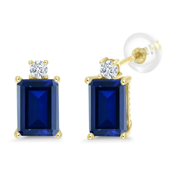 Gem Stone King 3.10 Ct Octagon Blue Created Sapphire 10K Yellow Gold Earrings