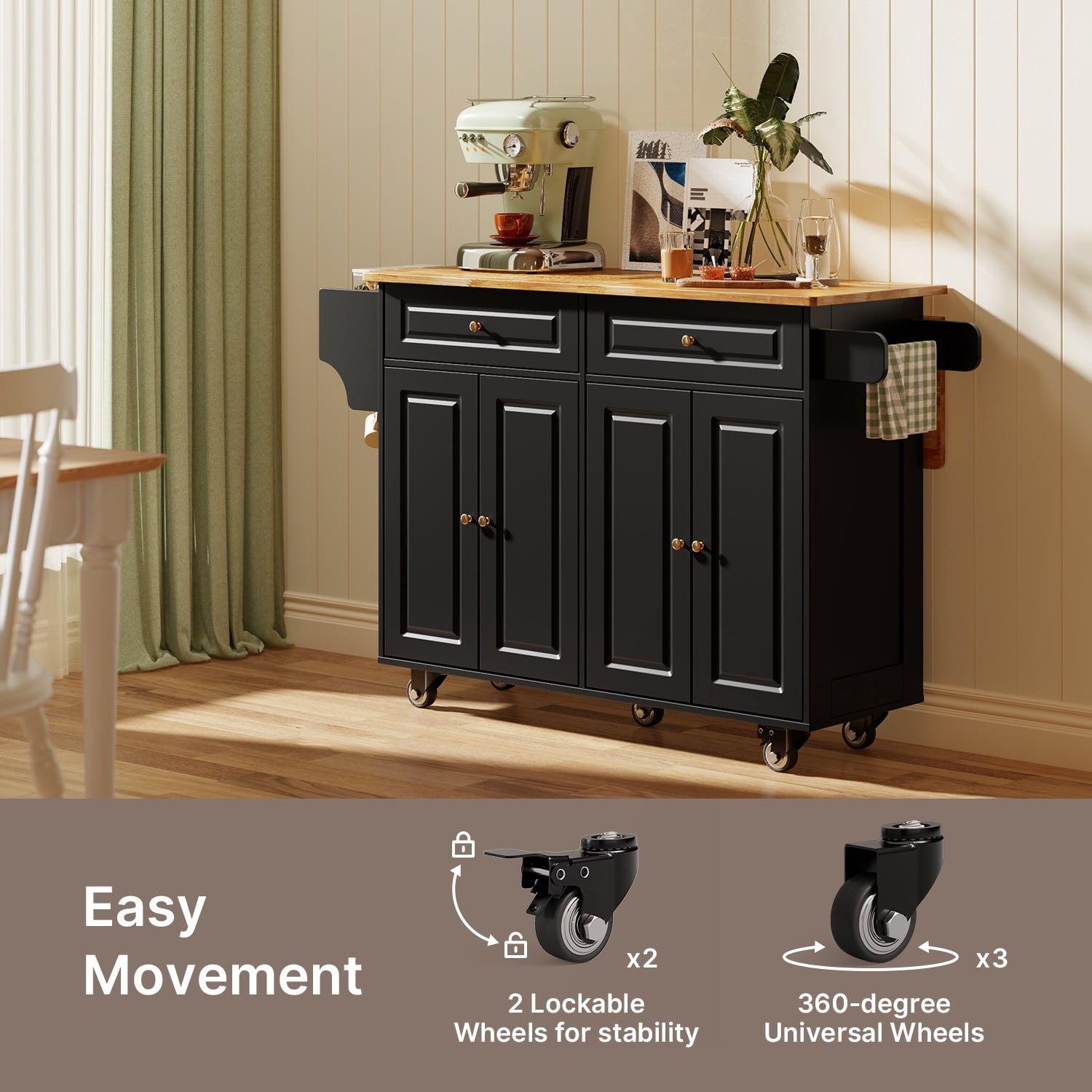 Noelse Rolling Kitchen Island Table with Storage, Drop Leaf Countertop, Kitchen Island with Rubber Wood Top, Cabinets & Rack, Black