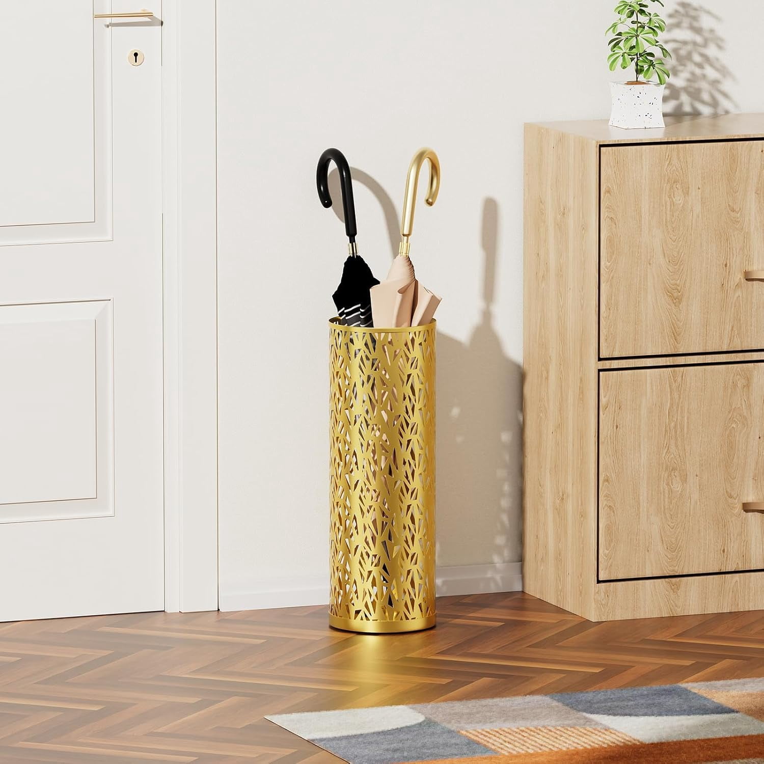 Metal Round Umbrella Stand Rack,Free Standing Umbrella Holder Bin, Canes Walking Sticks Holder for Entryway, Home, Office,Gold