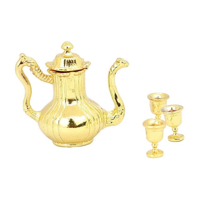 HILABEE 1:12 Dollhouse Mini Metal Flagon with Cups Diorama Scenery Simulation Teapot Set Gold