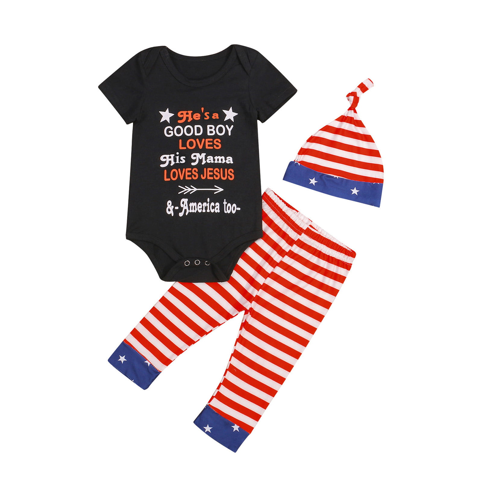 Newborn Baby Boy Kids Letter Print Striped Rompers And Pants With Hat Set 12M