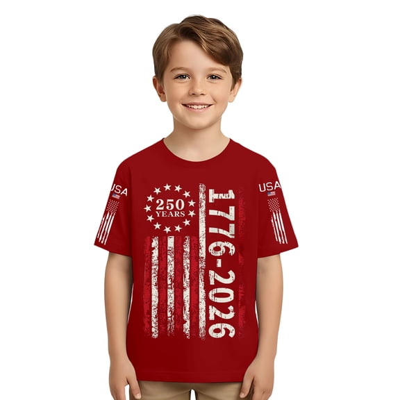 EliteGoogv Boys 4th of July T Shirts Short Sleeve Crew Neck Patriotic Flag Print Casual Tees Kids Tops Kids Shirts 250th Independence Day 8-9 Years