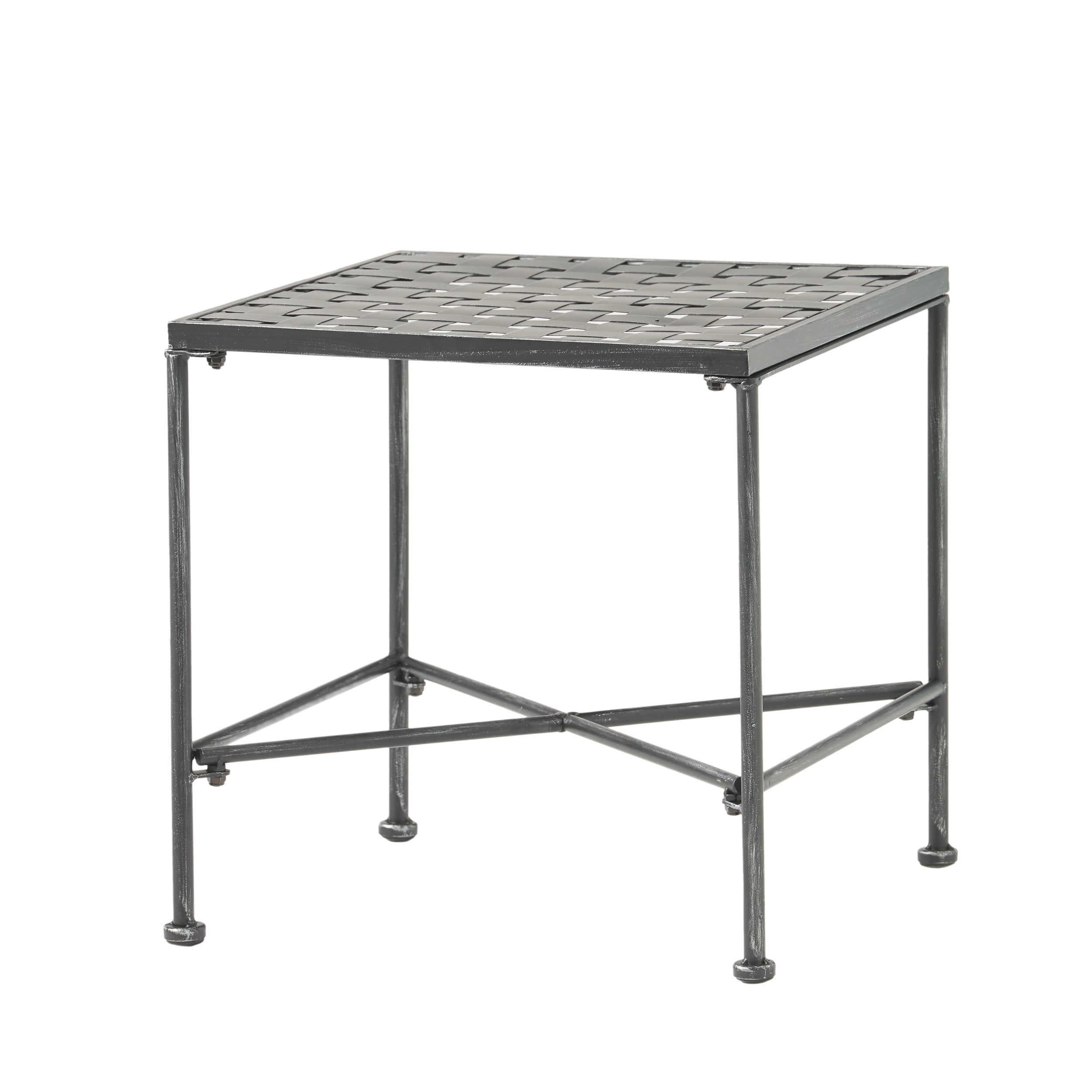 Outdoor Iron Frame End Side Table, Simple Decor Accent Table for Patio Garden, Black Brush Silver