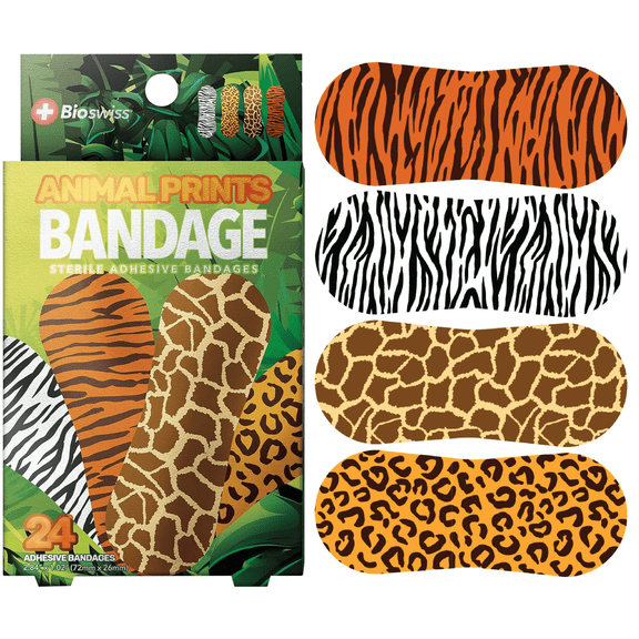 BioSwiss Bandages, Animal Prints Self Adhesive Bandage, Leopard, Zebra, Giraffe, and Tiger Print Designs, Latex Free Sterile Wound Care, Standard Shape for Kids and Adults, 24 Count