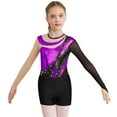thumbnail image 5 of HULIJA Kids Girls Dance Outfits 2-Piece Rhinestones Shiny Metallic Mesh Patchwork Gymnastics Leotard Purple&Black 12, 5 of 7