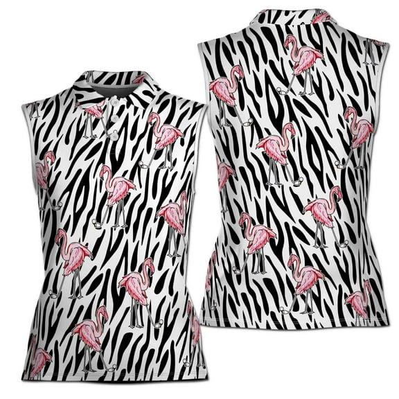 Funny Flamingo Play Golf Zebra Pattern Women Sleeveless Polo XS-4XL