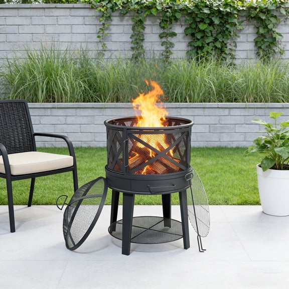 Outdoor 18" Mini Wood Burning Fireplace with Poker ,Fire Pit with Round Grill Top for BBQ,Black