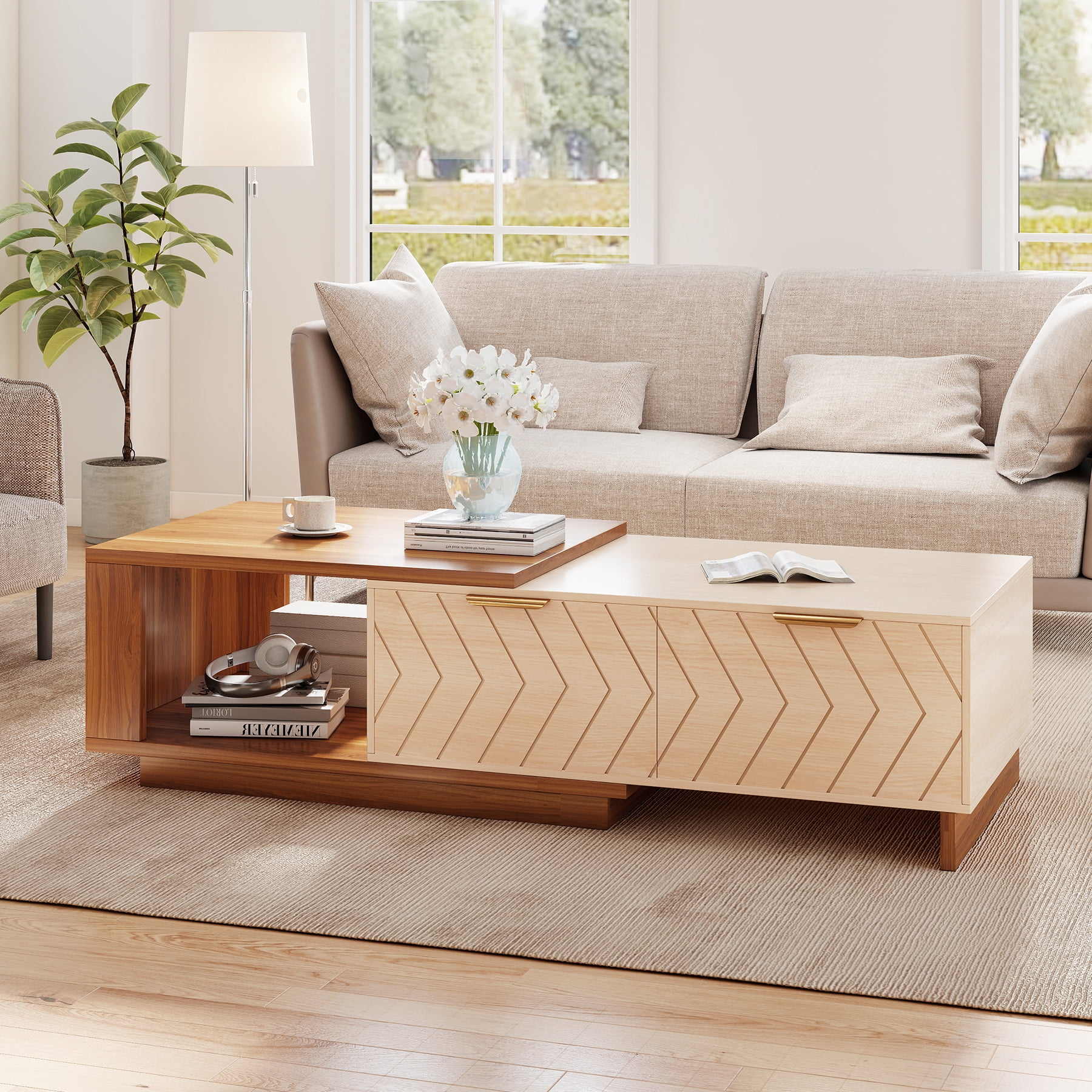 Expandable Coffee Table with Storage, 42''-65'' Two-Tone Wood Coffee Table with 2 Drawers for Living room