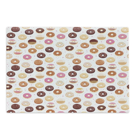 Food Cutting Board, Donuts and Little Hearts Pattern Colorful Yummy Delicious Desserts Print, Decorative Tempered Glass Cutting and Serving Board, Large Size, Pink Brown, by Ambesonne
