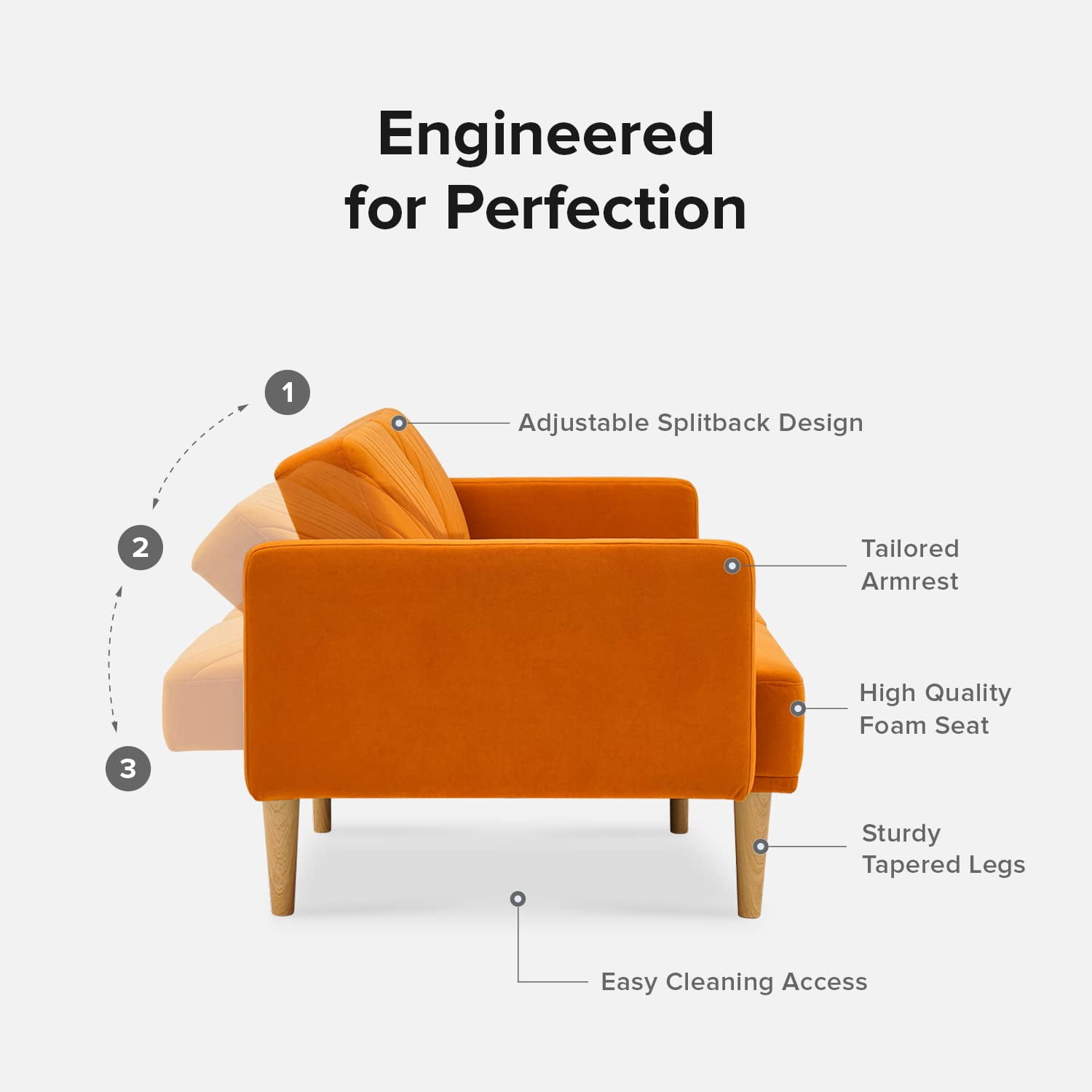 Mopio Chloe Futon Sofa Bed Convertible Sleeper Sofa with Tapered Legs Apricot Velvet