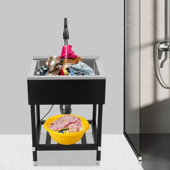 Stainless Steel Laundry Sink with Stand Single Bowl Laundry Sink, Commercial Sink with Pull-Out Faucet