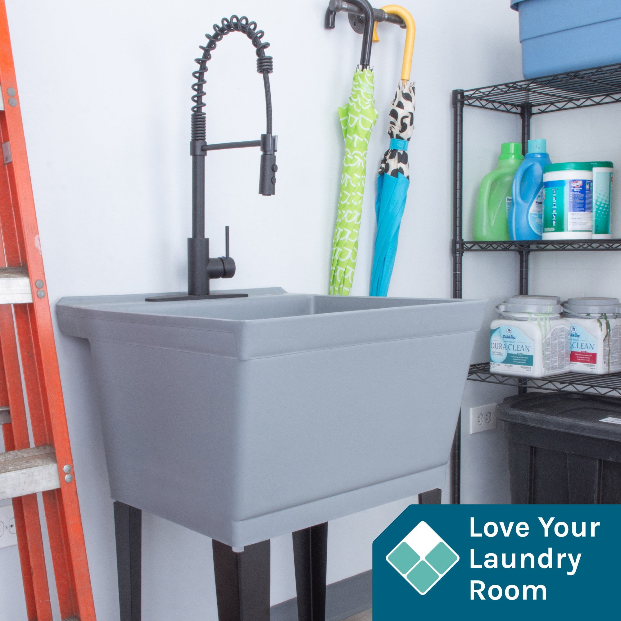 Tehila Grey 19 Gallon Utility Sink with High-Arc Black Coil Pull-Down Faucet