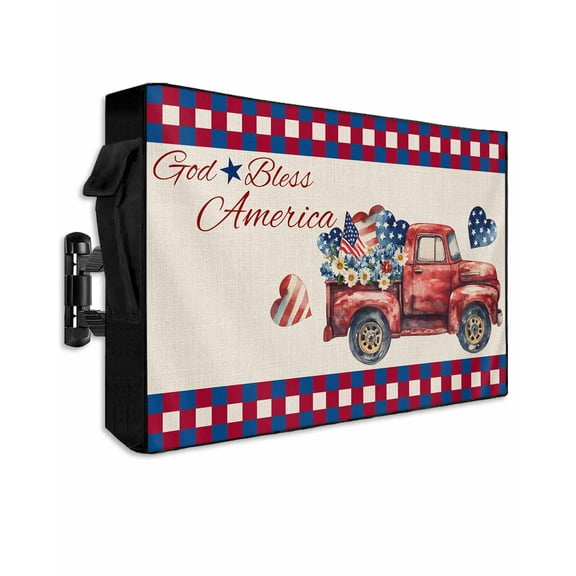 Truck Outdoor TV Cover 48 to 50 Inch Weatherproof, Independence Day Red Blue Plaid Love Heart 600D Oxford TV Covers with Waterproof Zipper, Outside Flat TV Screen Protector 48"Wx30"Hx4.5"D