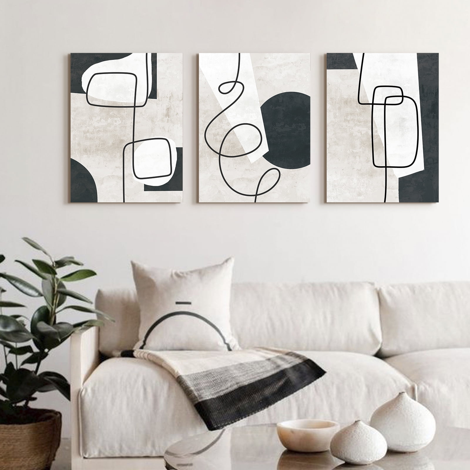 ArtbyHannah 3 Pieces 16x24 inch Modern Abstract Wall Art Decor, Black