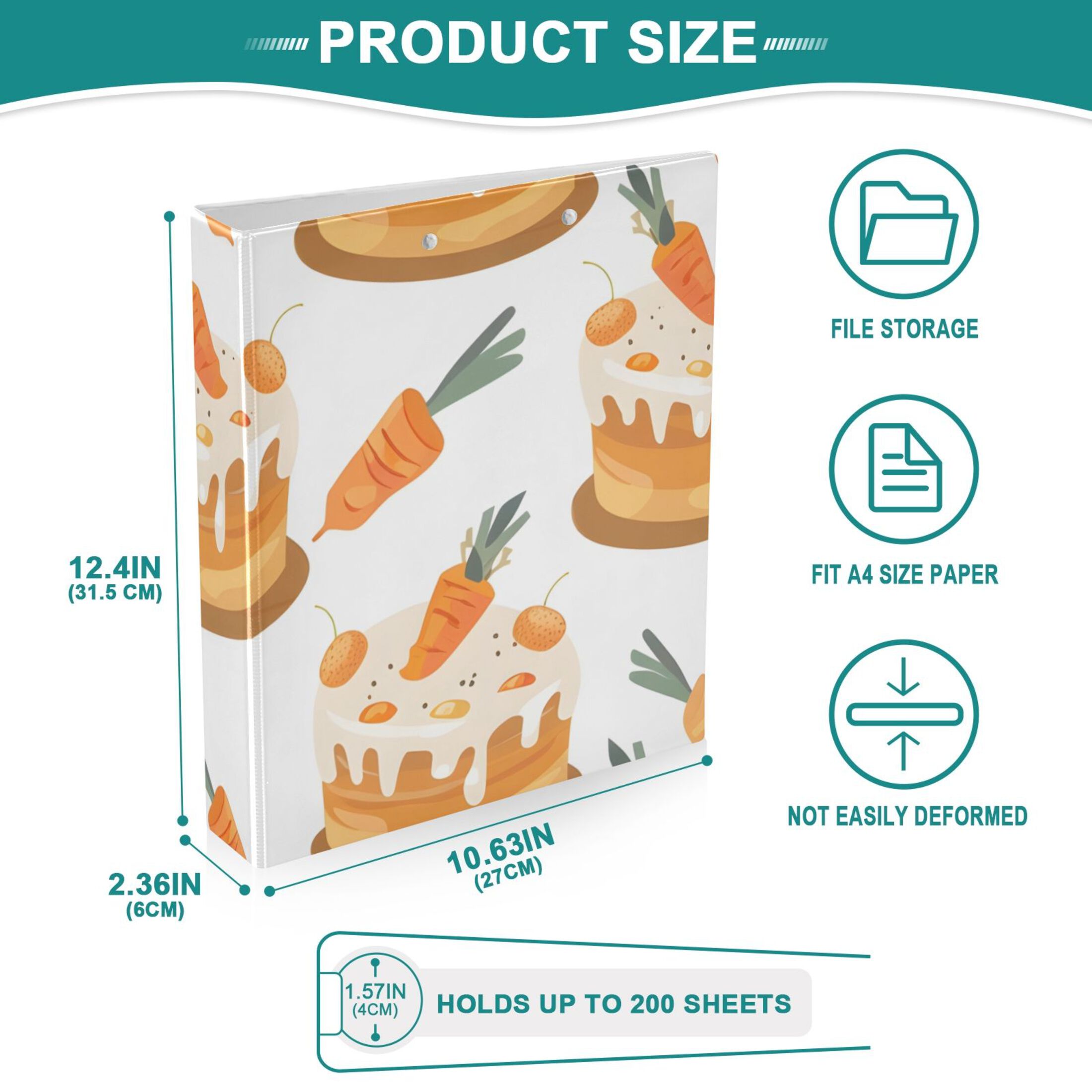 Carrots Cakes 3 Ring Binders 1.5 inch Hardcover File Folders with Interior Pockets A4 Size Organizer for School Office Hospital
