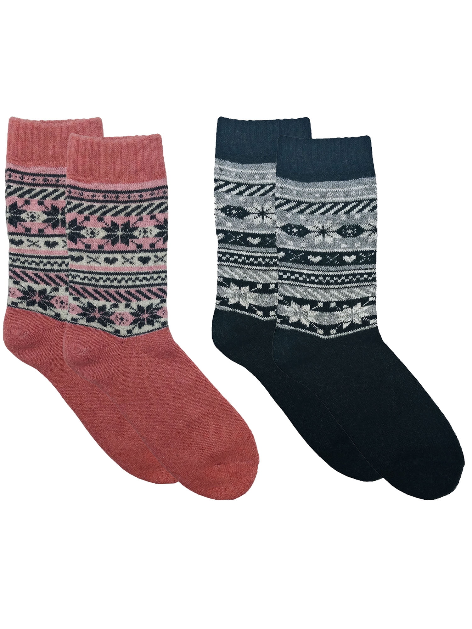 Womens Pink & Black 2-Pack Snowflake Heart Knit Lambs Wool Socks