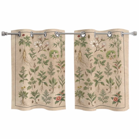 Vintage Botanical Kitchen Curtains Window Panels, Country Herbs Leaves Plants Flowers Brown Insulated Window Treatment Curtain, Grommet Curtains for Bedroom/Living Room/Bathroom, 2 Piece 27.5"Wx39"L